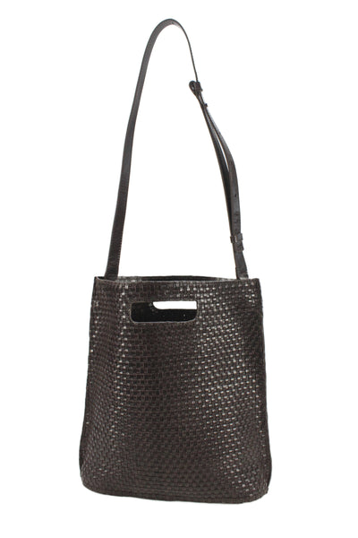 COS Womens Leather Woven Open Top Shoulder Handbag Dark Brown