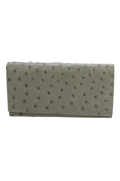Designer Womens Ostrich Tri-Fold Snap Closure Card Wallet Gray