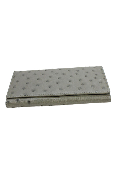 Designer Womens Ostrich Tri-Fold Snap Closure Card Wallet Gray