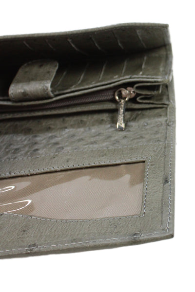 Designer Womens Ostrich Tri-Fold Snap Closure Card Wallet Gray