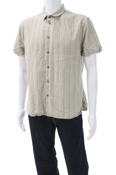 John Varvatos Mens Striped Short Sleeve Button-Down Shirt Beige Size L