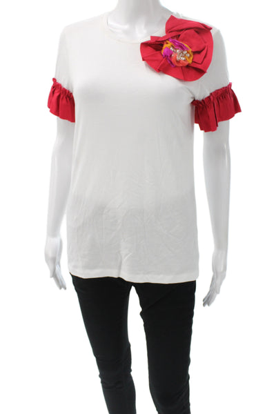 Badgley Mischka Women White Cotton Crewneck Floral T-Shirt Short Sleeve Size 3