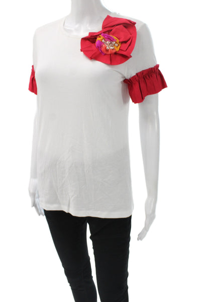 Badgley Mischka Women White Cotton Crewneck Floral T-Shirt Short Sleeve Size 3