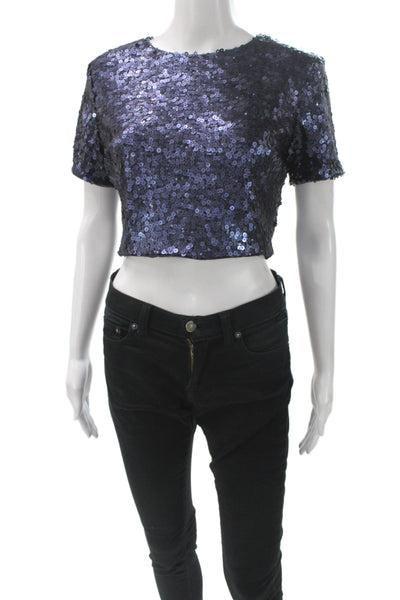 Badgley Mischka Women Crew Neck Short Sleeve Crop Top Blue Party Size S