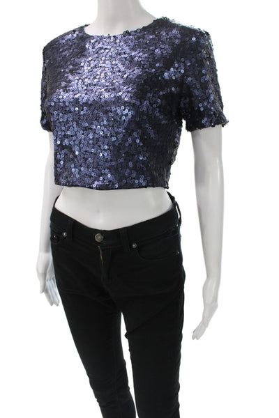 Badgley Mischka Women Crew Neck Short Sleeve Crop Top Blue Party Size S