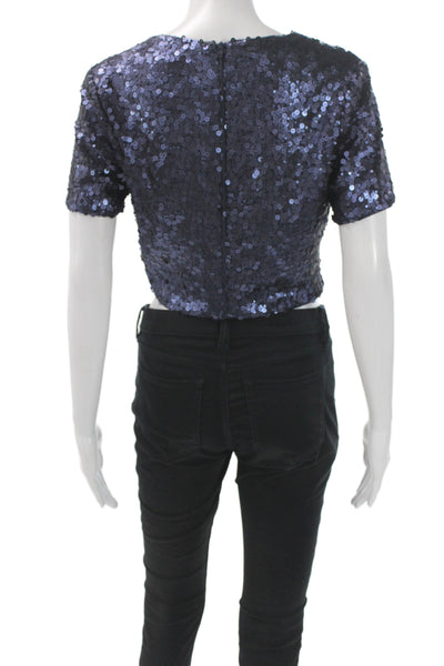 Badgley Mischka Women Crew Neck Short Sleeve Crop Top Blue Party Size S