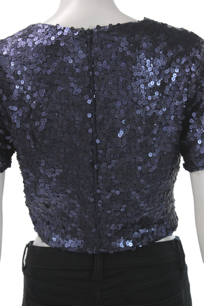 Badgley Mischka Women Crew Neck Short Sleeve Crop Top Blue Party Size S