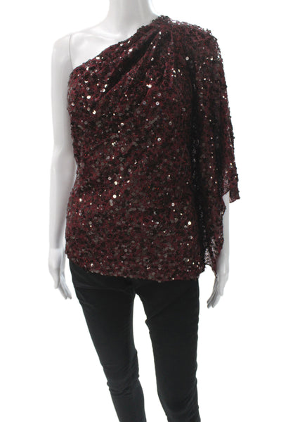 Badgley Mischka Womens One Shoulder Sequined Shirt Red Size S