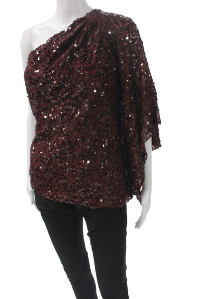 Badgley Mischka Womens One Shoulder Sequined Shirt Red Size S