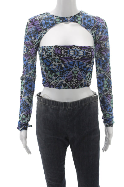 AFRM Womens Blue Geometric Butterfly Round Neck Long Sleeve Blouse Size S