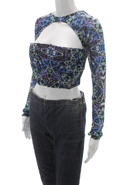 AFRM Womens Blue Geometric Butterfly Round Neck Long Sleeve Blouse Size S