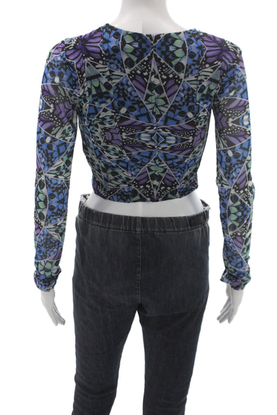 AFRM Womens Blue Geometric Butterfly Round Neck Long Sleeve Blouse Size S