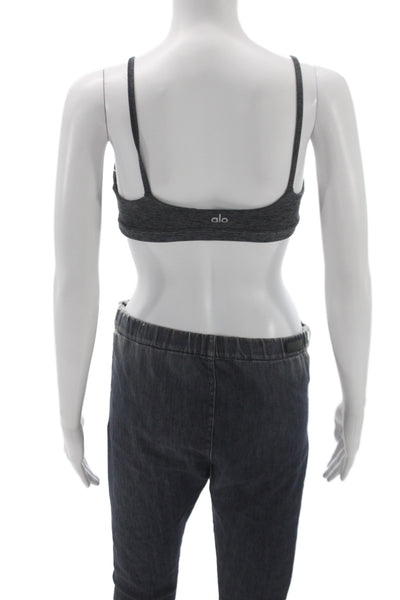 Alo Womens Spaghetti Strap Stretch Knit Logo Cut Out Sports Bra Gray Size Small
