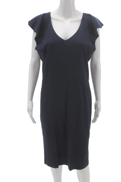 J. Mclaughlin Women Sheath Dress Blue V-Neck Sleeveless Rayon Knee Length Size L