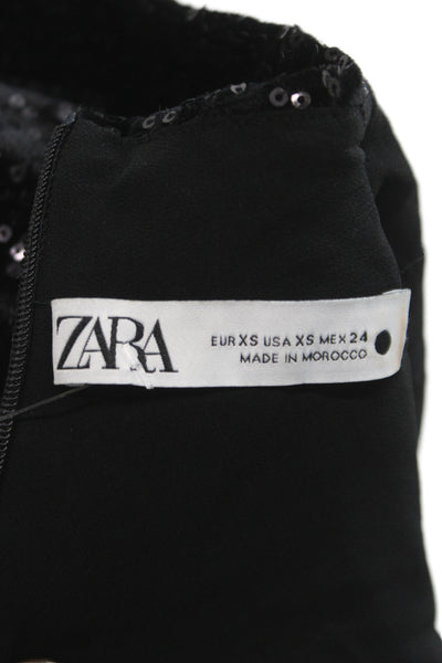 Zara Women T-Shirt Mock Neck Short Sleeve Black Zip Size XS