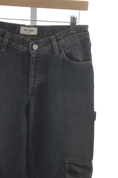 Still Here Unisex Adults Straight Cargo Jeans Blue Cotton Mid Rise Size 26
