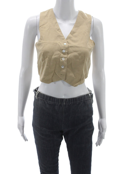 Donni Women Cropped Button-Up Beige V-Neck Sleeveless Lyocell Twill Size XS