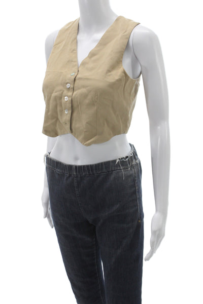 Donni Women Cropped Button-Up Beige V-Neck Sleeveless Lyocell Twill Size XS