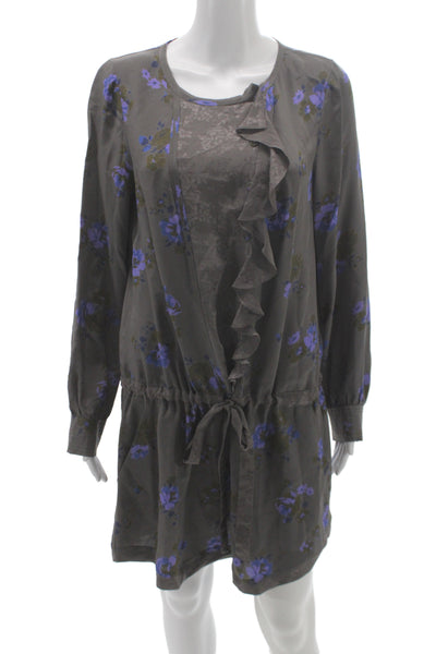 Rebecca Taylor Women Floral Blouson Dress Gray Silk Long Sleeve Size 10