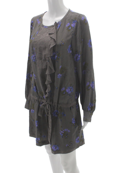 Rebecca Taylor Women Floral Blouson Dress Gray Silk Long Sleeve Size 10