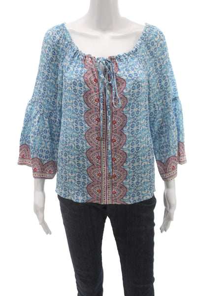 Nanette Lepore Womens Blue Floral Round Neck 3/4 Sleeve Shirt Size 10