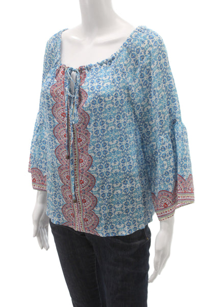 Nanette Lepore Womens Blue Floral Round Neck 3/4 Sleeve Shirt Size 10