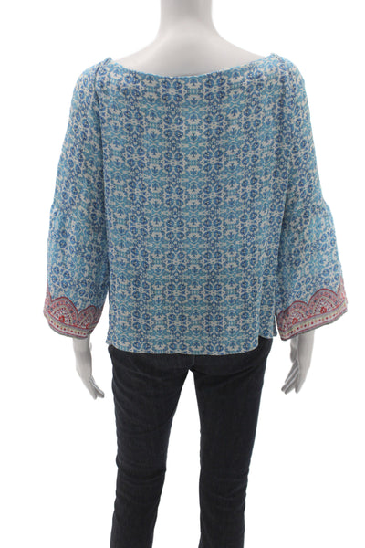 Nanette Lepore Womens Blue Floral Round Neck 3/4 Sleeve Shirt Size 10