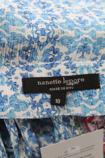 Nanette Lepore Womens Blue Floral Round Neck 3/4 Sleeve Shirt Size 10