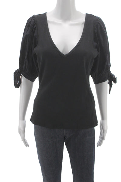 Maeve Anthropologie Womens V Neck Ribbed T Shirt Short Sleeve Black Size M
