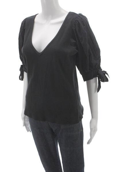 Maeve Anthropologie Womens V Neck Ribbed T Shirt Short Sleeve Black Size M