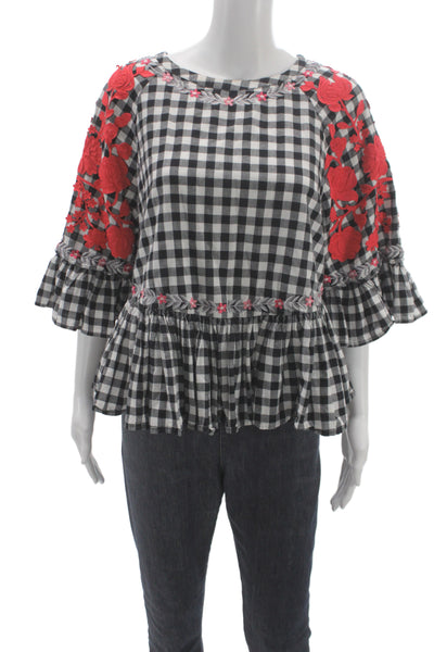 Pankaj & Nidhi Womens Tunic Blouse Black Cotton Round Neck 3/4 Sleeve Size M