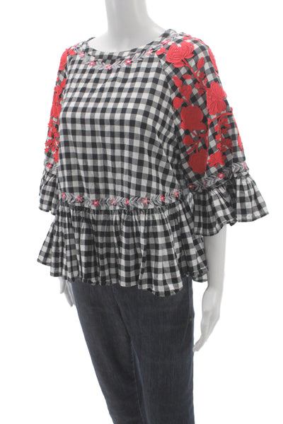 Pankaj & Nidhi Womens Tunic Blouse Black Cotton Round Neck 3/4 Sleeve Size M