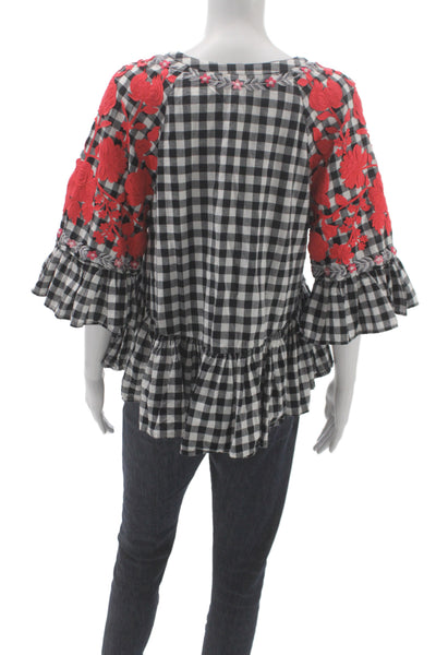 Pankaj & Nidhi Womens Tunic Blouse Black Cotton Round Neck 3/4 Sleeve Size M