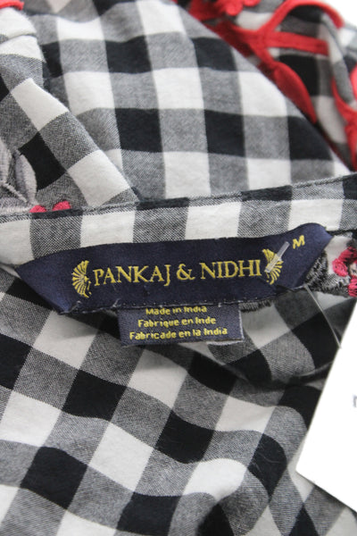 Pankaj & Nidhi Womens Tunic Blouse Black Cotton Round Neck 3/4 Sleeve Size M