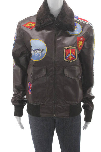 Designer Mens Bomber Jacket Brown Zip Synthetic Military Size S