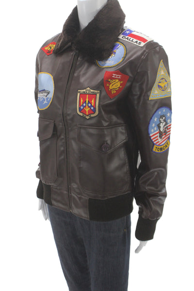 Designer Mens Bomber Jacket Brown Zip Synthetic Military Size S