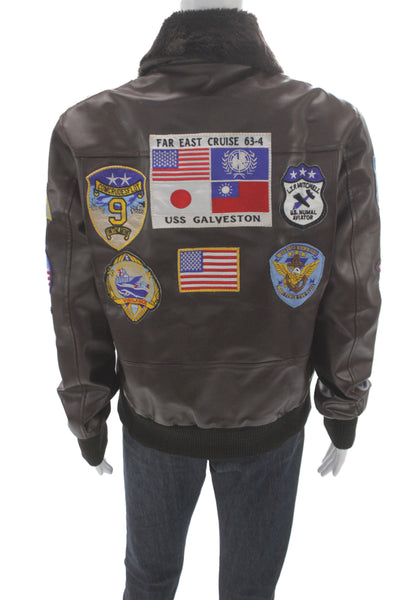 Designer Mens Bomber Jacket Brown Zip Synthetic Military Size S
