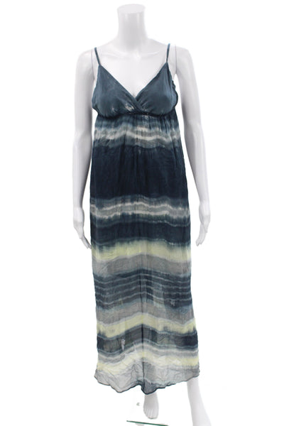 Gypsy 05 Women Boho Striped Silk V-Neck Sleeveless Maxi Dress Blue Size XS