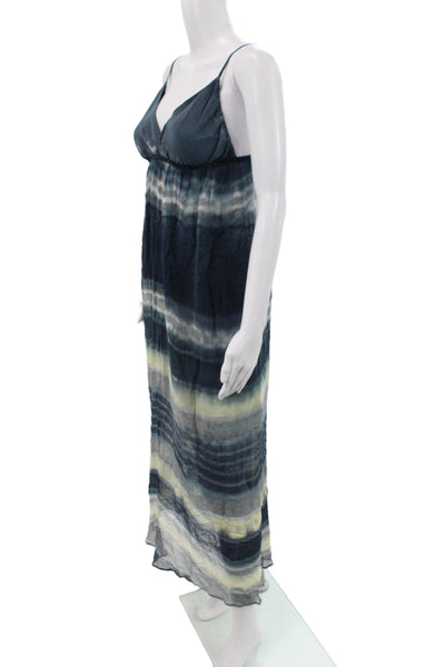 Gypsy 05 Women Boho Striped Silk V-Neck Sleeveless Maxi Dress Blue Size XS