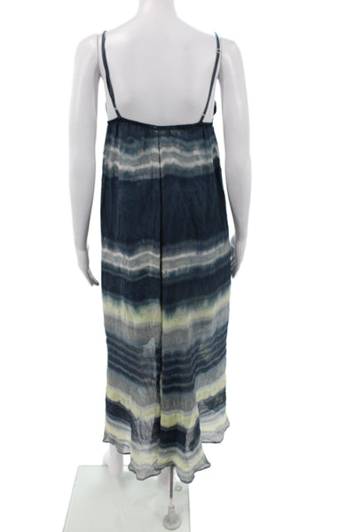 Gypsy 05 Women Boho Striped Silk V-Neck Sleeveless Maxi Dress Blue Size XS