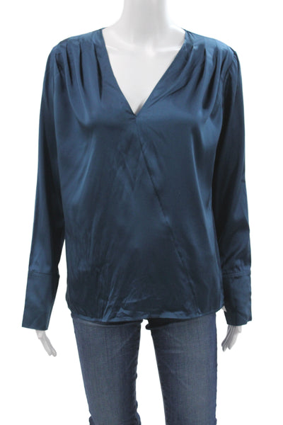 Ramy Brook Women V-Neck Silk Long Sleeve Blouse Blue Size XS