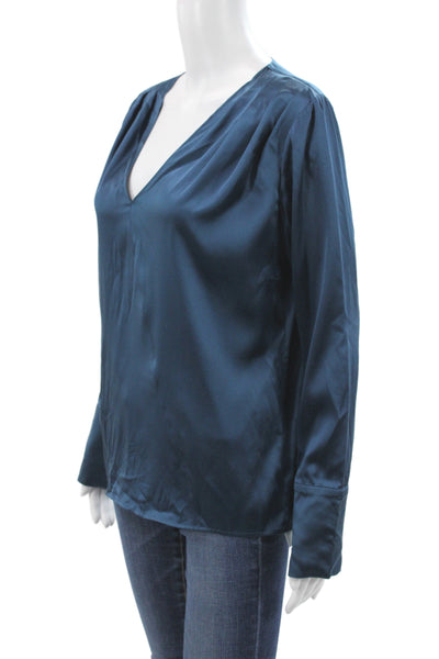 Ramy Brook Women V-Neck Silk Long Sleeve Blouse Blue Size XS