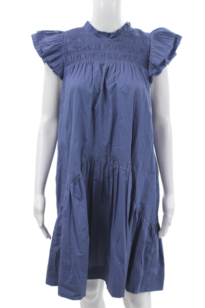 Sea New York Women Shift Dress Blue High Neck Short Sleeve Cotton Size L