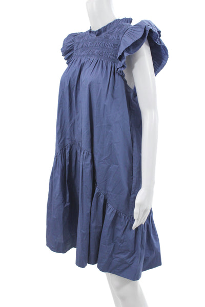 Sea New York Women Shift Dress Blue High Neck Short Sleeve Cotton Size L