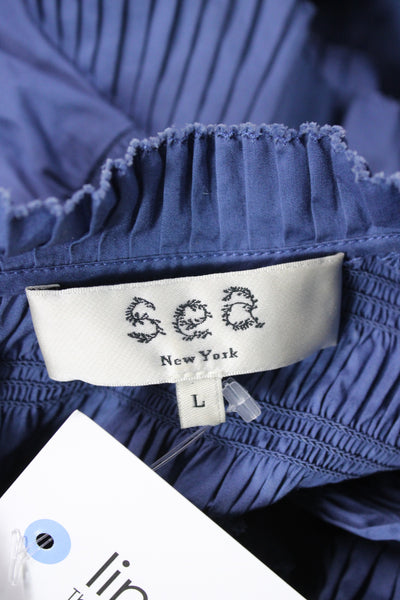 Sea New York Women Shift Dress Blue High Neck Short Sleeve Cotton Size L