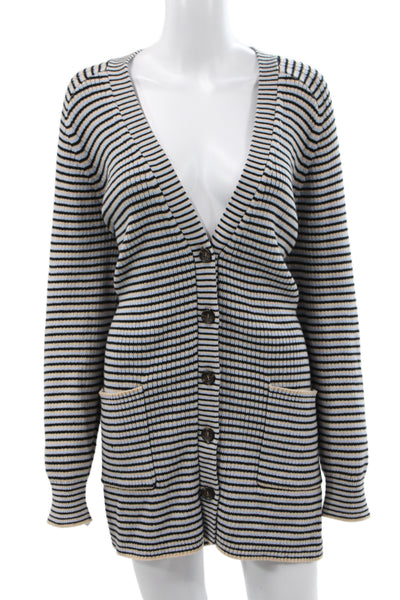 A.L.C. Womens Striped V-Neck Cotton Cardigan Long Sleeve Beige Size L