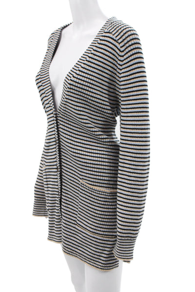 A.L.C. Womens Striped V-Neck Cotton Cardigan Long Sleeve Beige Size L