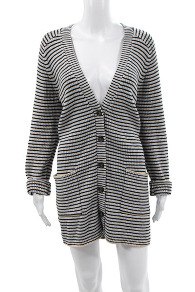 A.L.C. Womens Striped V-Neck Cotton Cardigan Long Sleeve Beige Size L