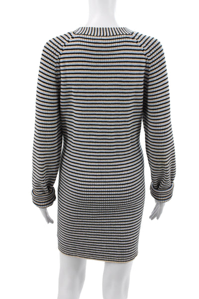 A.L.C. Womens Striped V-Neck Cotton Cardigan Long Sleeve Beige Size L