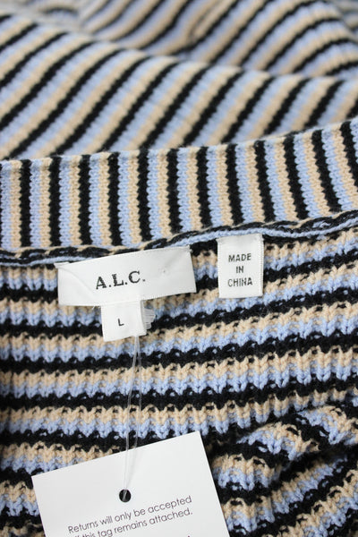 A.L.C. Womens Striped V-Neck Cotton Cardigan Long Sleeve Beige Size L